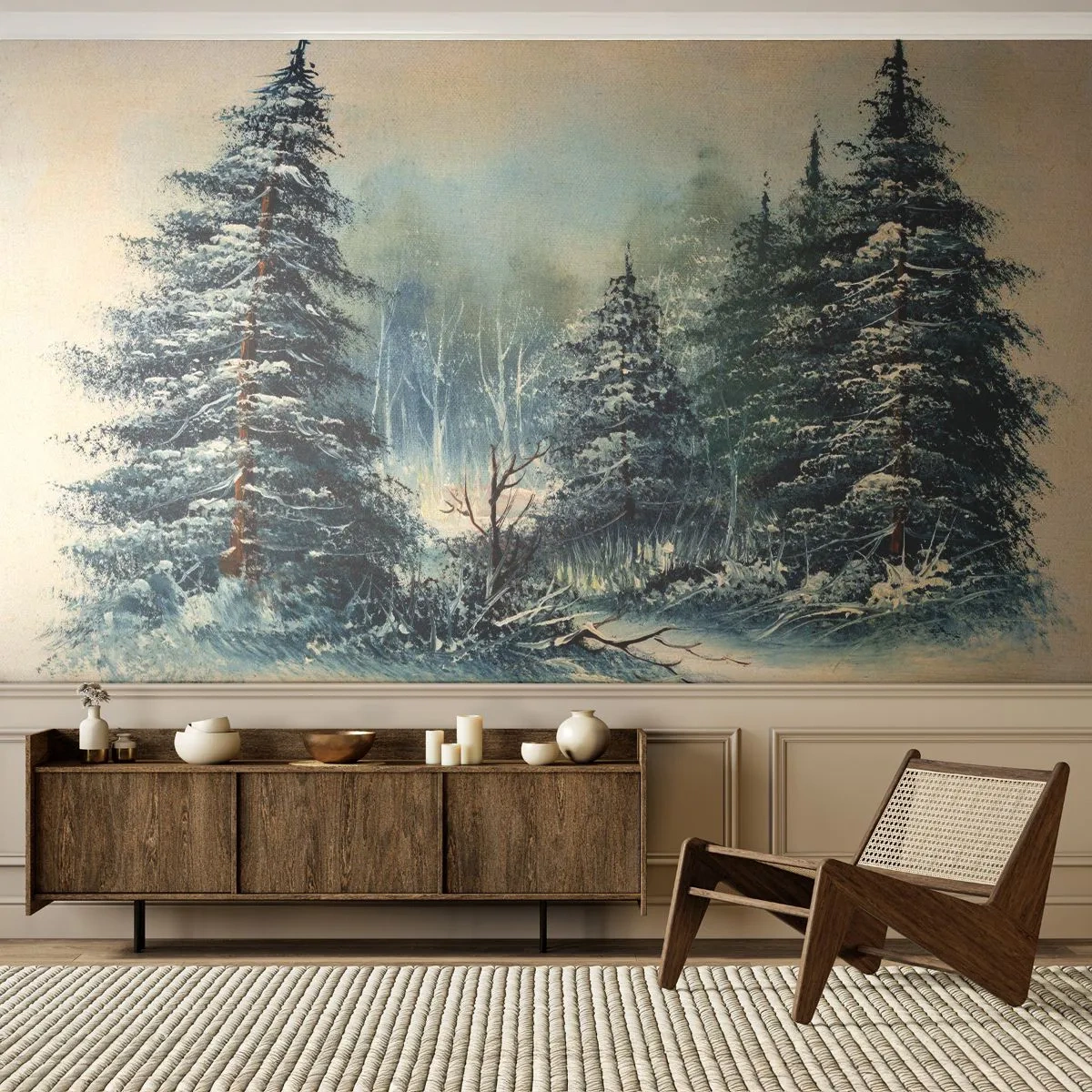Fotomural Premium Sand - Un paisaje invernal con abetos cubiertos de nieve en estilo pictórico. - 100x70cm - Preparados para la Navidad - Decoración de pared moderna para salón y dormitorio ARTTOR