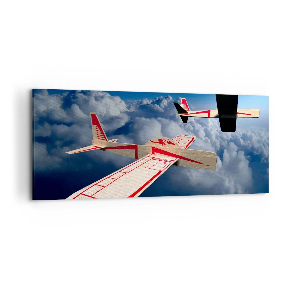 Cuadro sobre lienzo - Impresión de Imagen - Dos aviones de madera volando sobre las nubes contra un cielo azul. - 120x50cm - Más alto, más lejos - Decoración de pared moderna para salón y dormitorio ARTTOR