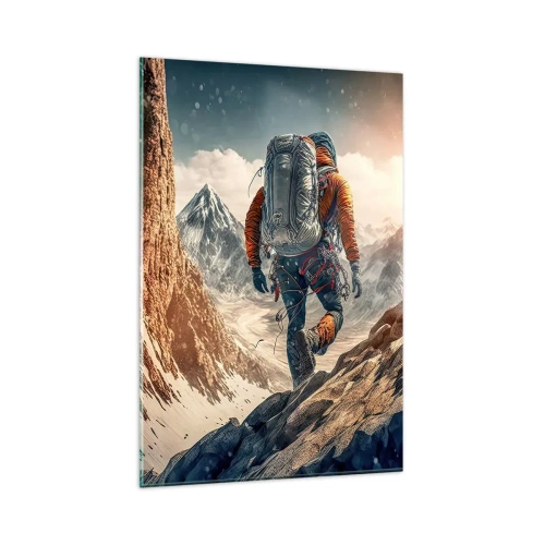 Cuadro sobre vidrio - Impresiones sobre Vidrio - Un escalador en un sendero de montaña en un paisaje invernal. - 80x120cm - Guerrero solitario - Decoración de pared moderna para salón y dormitorio ARTTOR