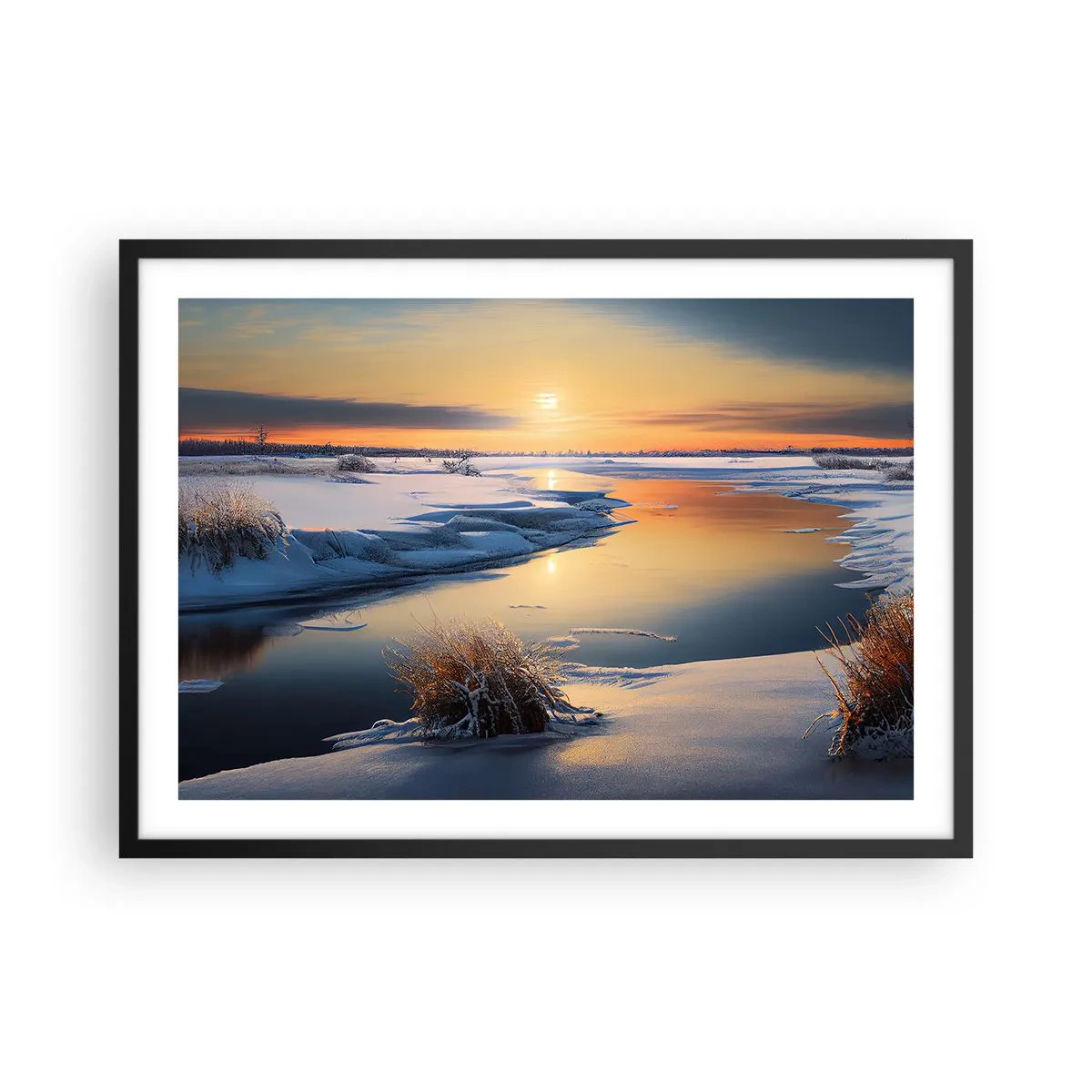 Póster en marco negro - Paisaje invernal con un río al atardecer - 70x50cm - Atardecer de invierno - Decoración de pared moderna para salón y dormitorio ARTTOR