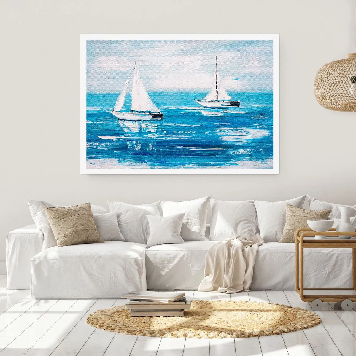 Póster - Yates en el mar azul en estilo artístico. - 100x70cm - Con un amigo a tu lado - Decoración de pared moderna para salón y dormitorio ARTTOR