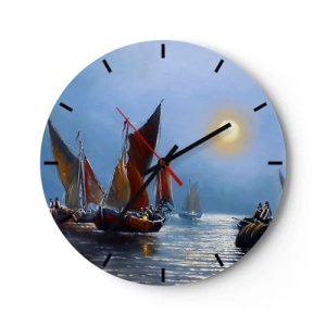 Reloj de pared - Reloj de vidrio - Veleros en el agua a la luz de la luna - 30x30cm - Pesca nocturna - Decoración de pared moderna para salón, cocina y dormitorio ARTTOR
