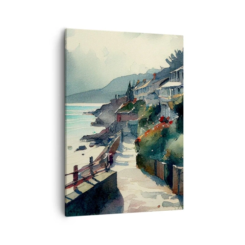 Cuadro sobre lienzo - Impresión de Imagen - Paseo marítimo con casas y vegetación - 50x70cm - Ciudad mediterránea - Decoración de pared moderna para salón y dormitorio ARTTOR