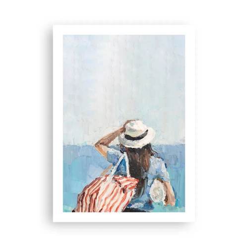 Póster - Una mujer con sombrero mirando al mar. - 50x70cm - Bienvenida a tus vacaciones - Decoración de pared moderna para salón y dormitorio ARTTOR