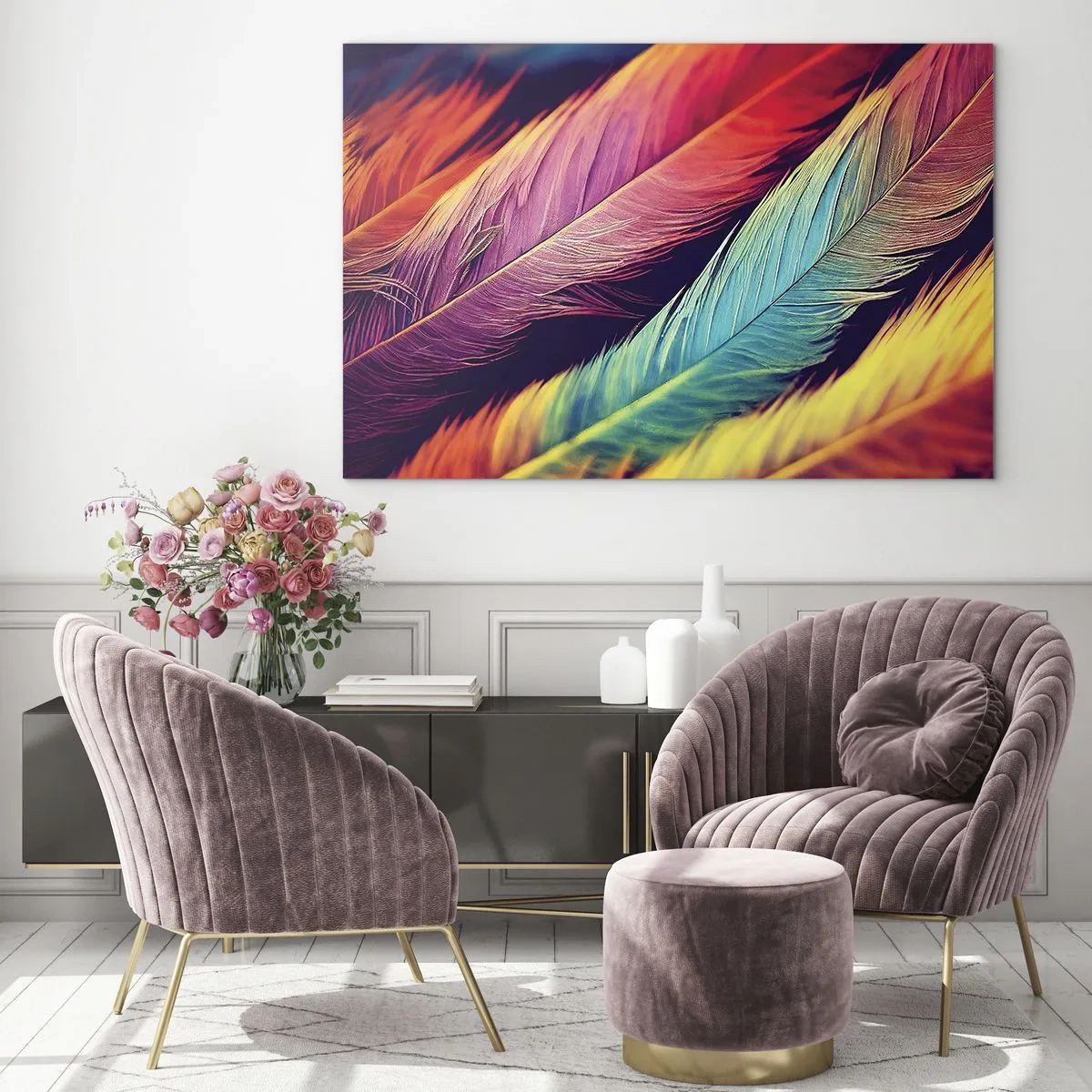 Cuadro sobre vidrio - Impresiones sobre Vidrio - Plumas de colores en intensos tonos arcoíris. - 70x50cm - Arco iris plumoso - Decoración de pared moderna para salón y dormitorio ARTTOR