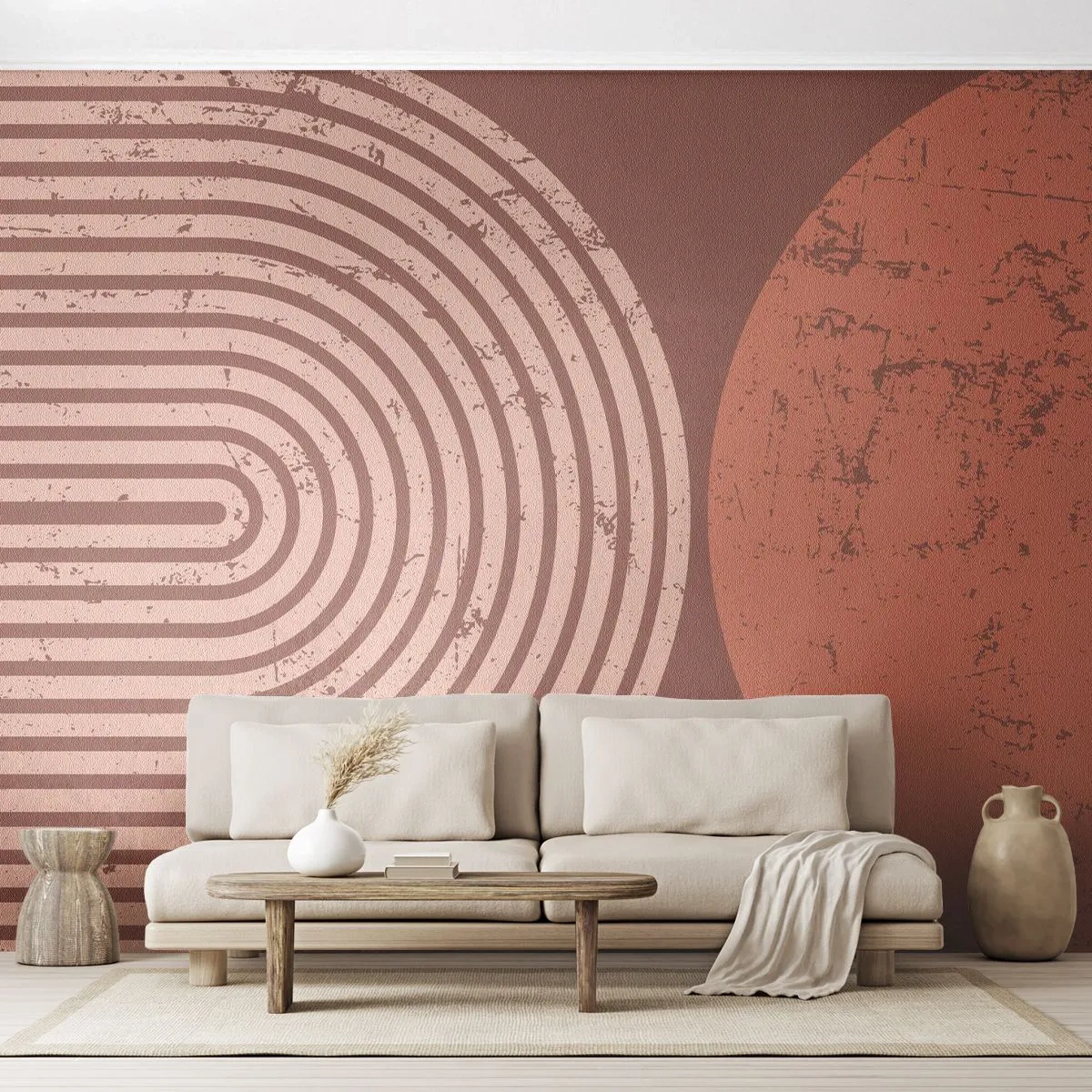 Fotomural Premium Sand - Patrón abstracto en tonos terracota con líneas y círculos. - 100x70cm - Estrecha relación - Decoración de pared moderna para salón y dormitorio ARTTOR