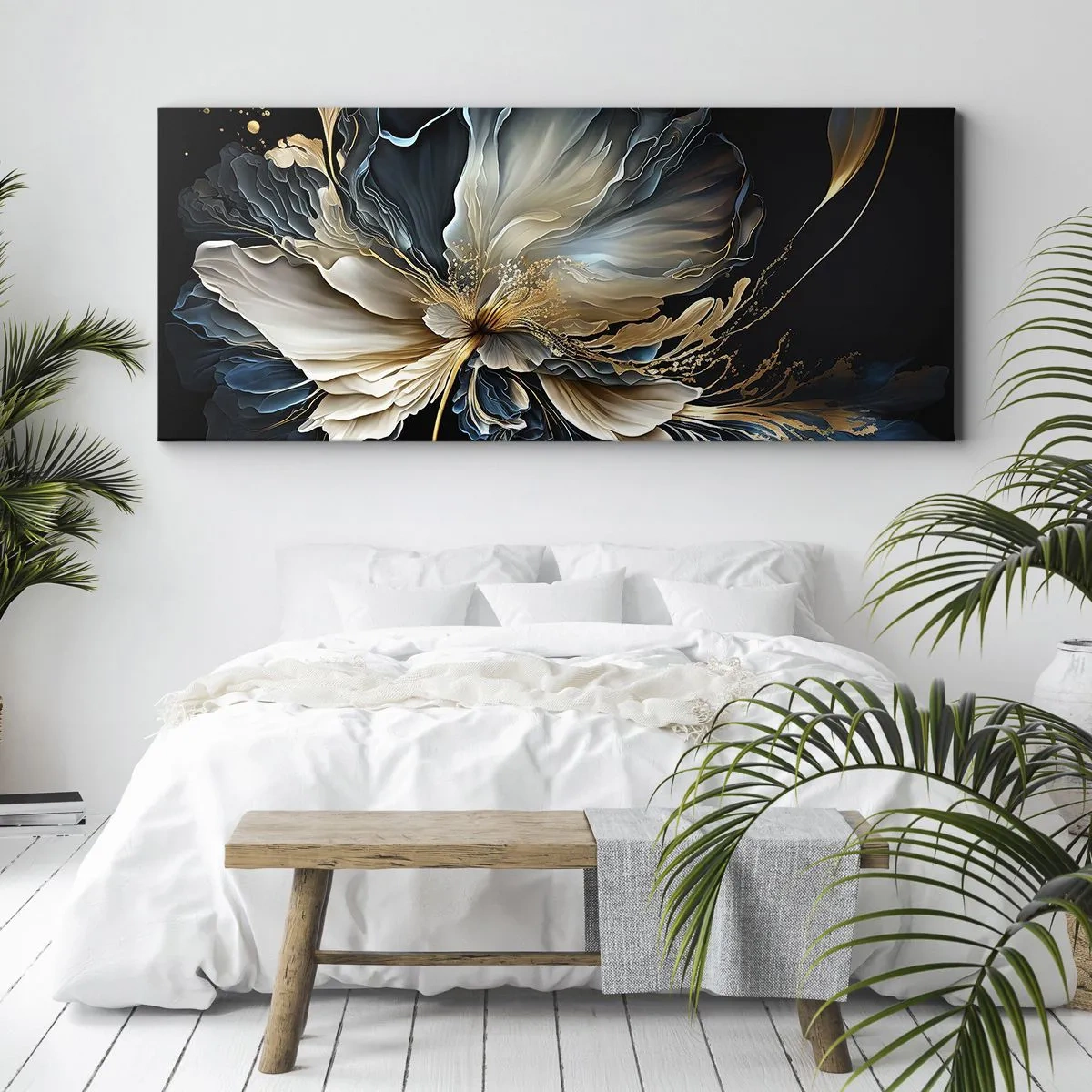 Cuadro sobre lienzo - Impresión de Imagen - Una flor en tonos dorados y azul marino sobre un fondo negro. - 120x50cm - Flor de helecho de cuento - Decoración de pared moderna para salón y dormitorio ARTTOR
