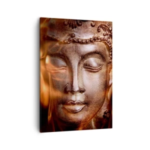 Cuadro sobre lienzo - Impresión de Imagen - Una estatua de Buda en medio de llamas de tonos dorados. - 50x70cm - Solo existe el aquí y el ahora - Decoración de pared moderna para salón y dormitorio ARTTOR