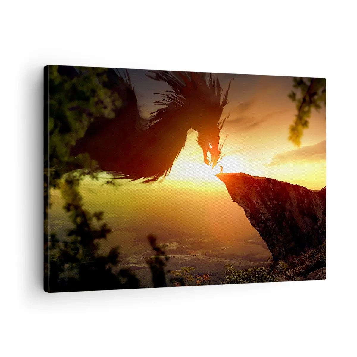 Cuadro sobre lienzo - Impresión de Imagen - Un dragón y un hombre en una roca bajo el resplandor del sol poniente. - 70x50cm - Cazador de dragones - Decoración de pared moderna para salón y dormitorio ARTTOR