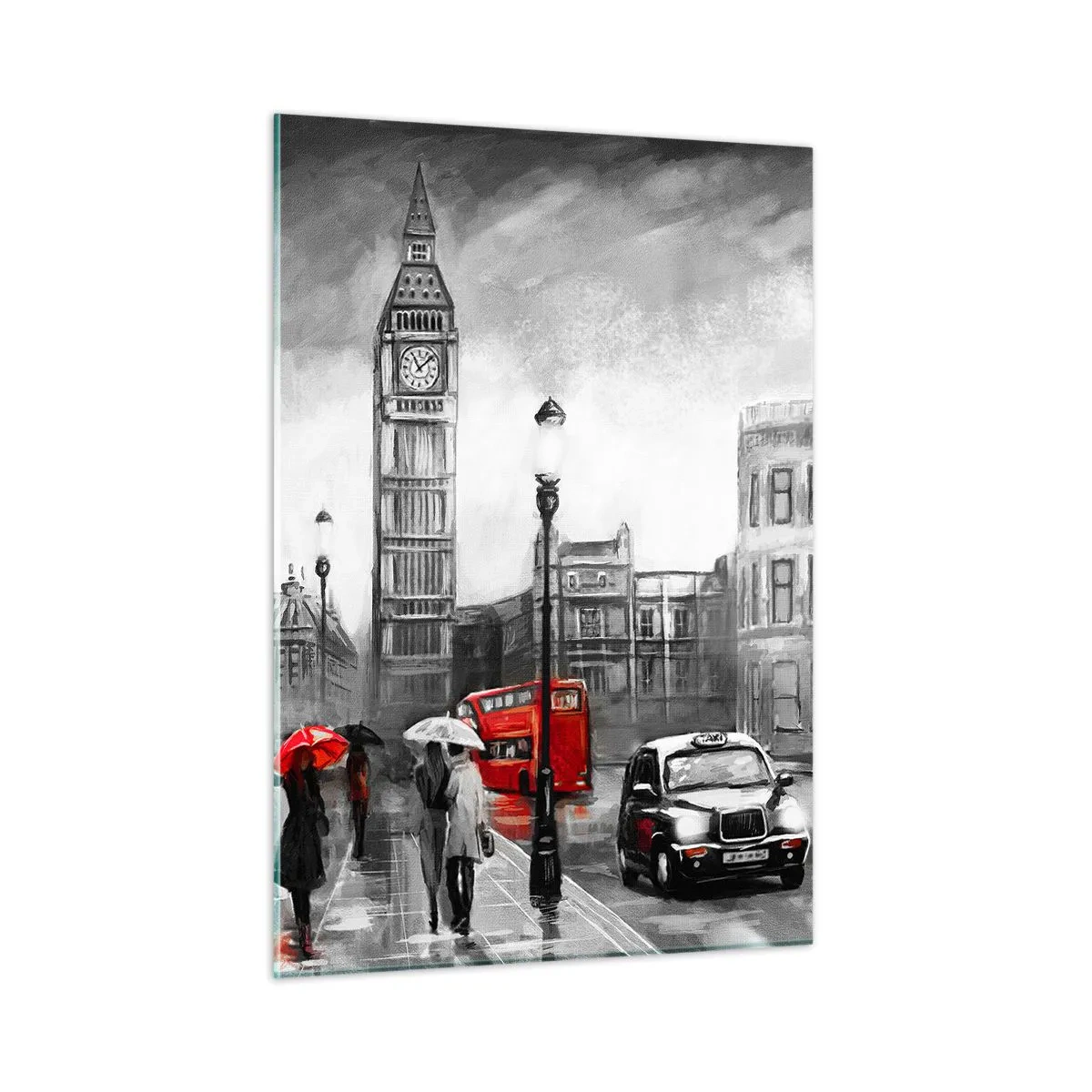 Cuadro sobre vidrio - Impresiones sobre Vidrio - El Big Ben y las calles de Londres con acentos rojos sobre un fondo gris - 50x70cm - No tan gris como la pintan - Decoración de pared moderna para salón y dormitorio ARTTOR