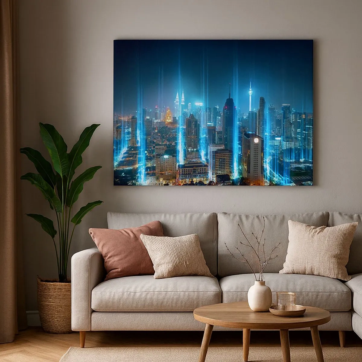 Cuadro sobre lienzo - Impresión de Imagen - Una ciudad moderna de noche con acentos de iluminación futuristas. - 70x50cm - De Berlín al cielo - Decoración de pared moderna para salón y dormitorio ARTTOR