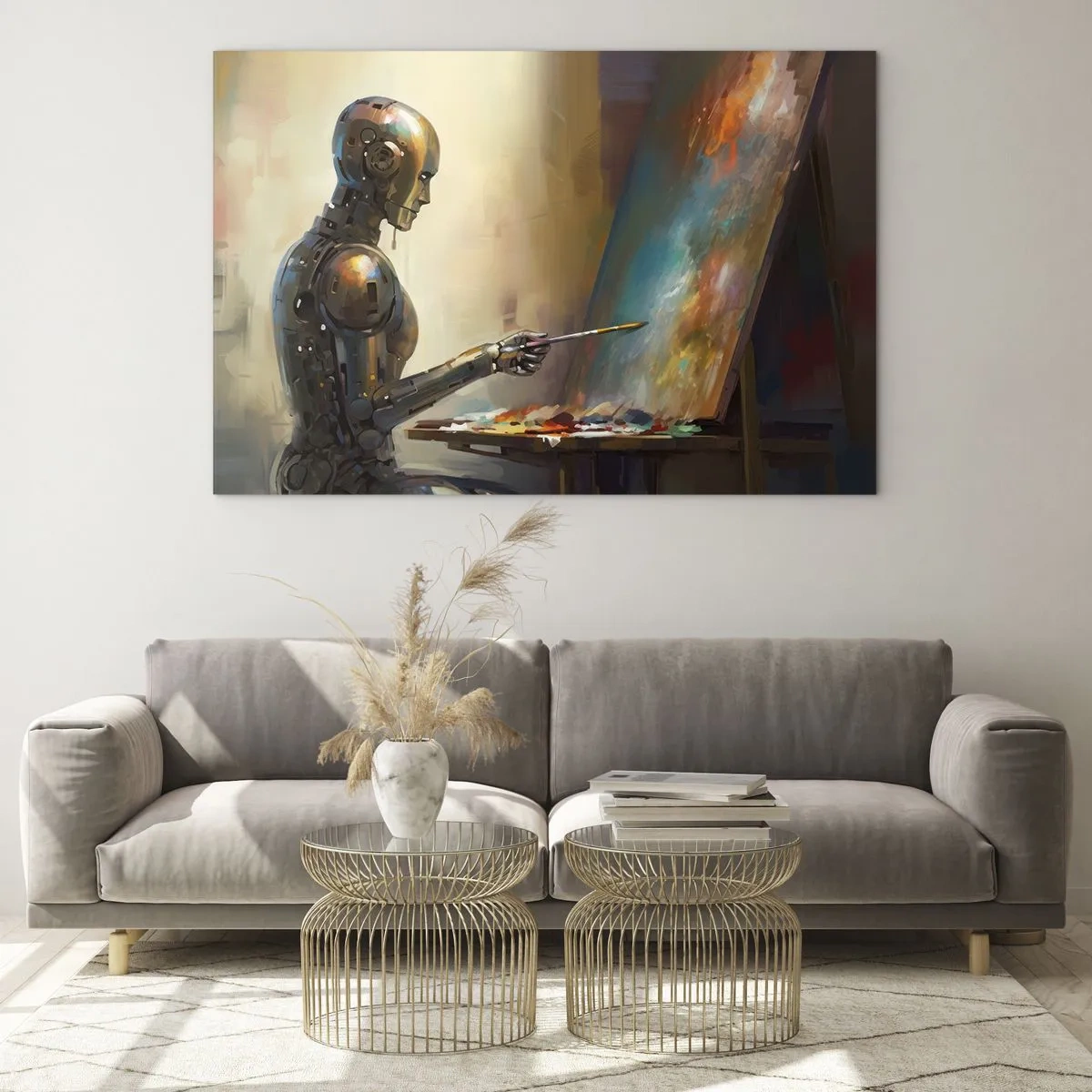 Cuadro sobre vidrio - Impresiones sobre Vidrio - Un robot pintando un cuadro en un caballete. - 100x70cm - Arte del futuro - Decoración de pared moderna para salón y dormitorio ARTTOR