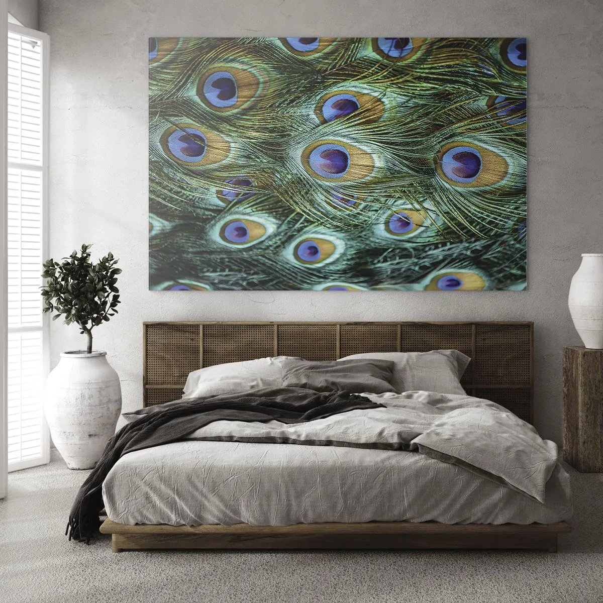 Cuadro sobre vidrio - Impresiones sobre Vidrio - Detalle de plumas de pavo real con ojos distintivos. - 70x50cm - Mirada de pavo real - Decoración de pared moderna para salón y dormitorio ARTTOR