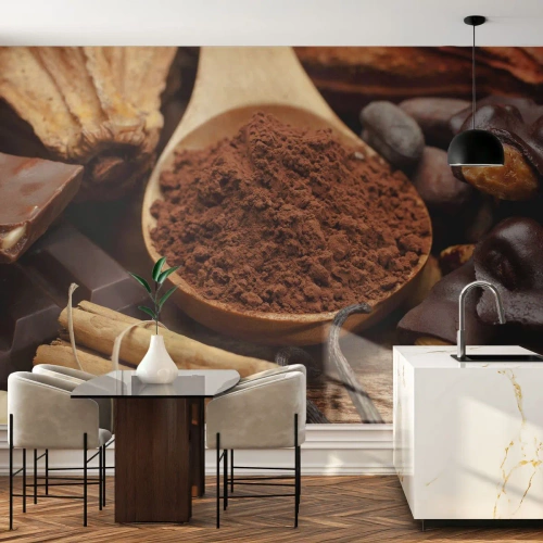 Fotomural Premium Canvas - Una cucharada de ingredientes de cacao y chocolate en un arreglo rústico. - 100x70cm - Lo mejor para las penas - Decoración de pared moderna para salón y dormitorio ARTTOR