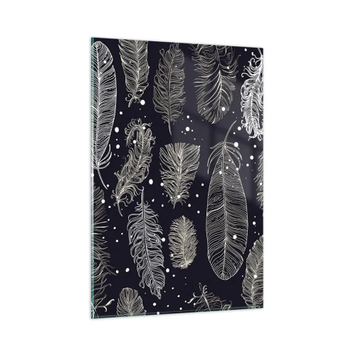 Cuadro sobre vidrio - Impresiones sobre Vidrio - Delicadas plumas blancas sobre un fondo azul marino. - 80x120cm - Encaje de plumas - Decoración de pared moderna para salón y dormitorio ARTTOR