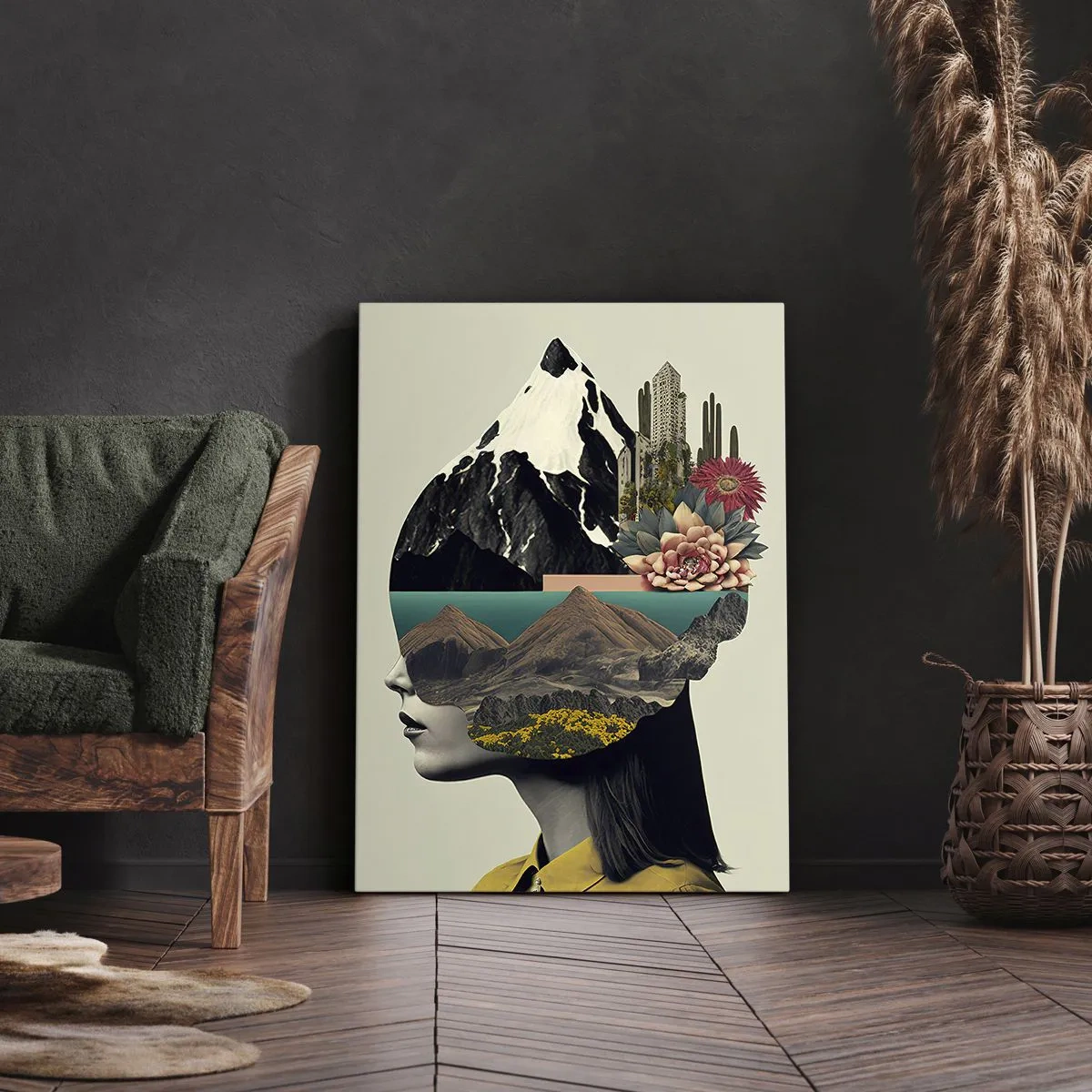 Cuadro sobre lienzo - Impresión de Imagen - Collage de una mujer con un paisaje de montaña y flores. - 50x70cm - La mujer, siempre un misterio - Decoración de pared moderna para salón y dormitorio ARTTOR