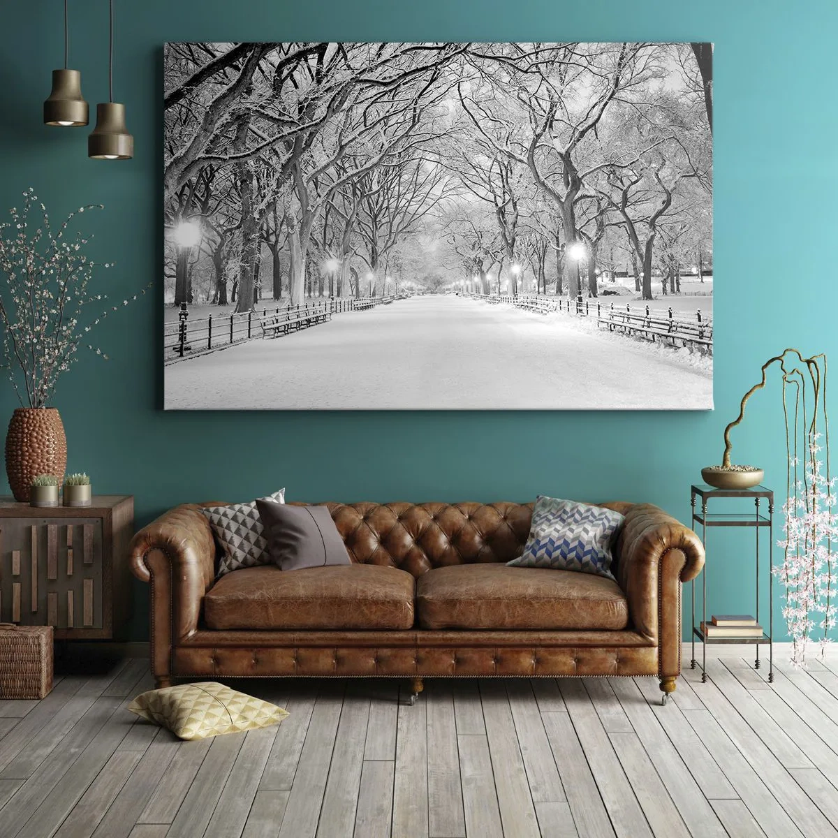 Cuadro sobre lienzo - Impresión de Imagen - Un callejón invernal con árboles cubiertos de nieve en monocromo. - 120x80cm - Cuatro estaciones - invierno - Decoración de pared moderna para salón y dormitorio ARTTOR