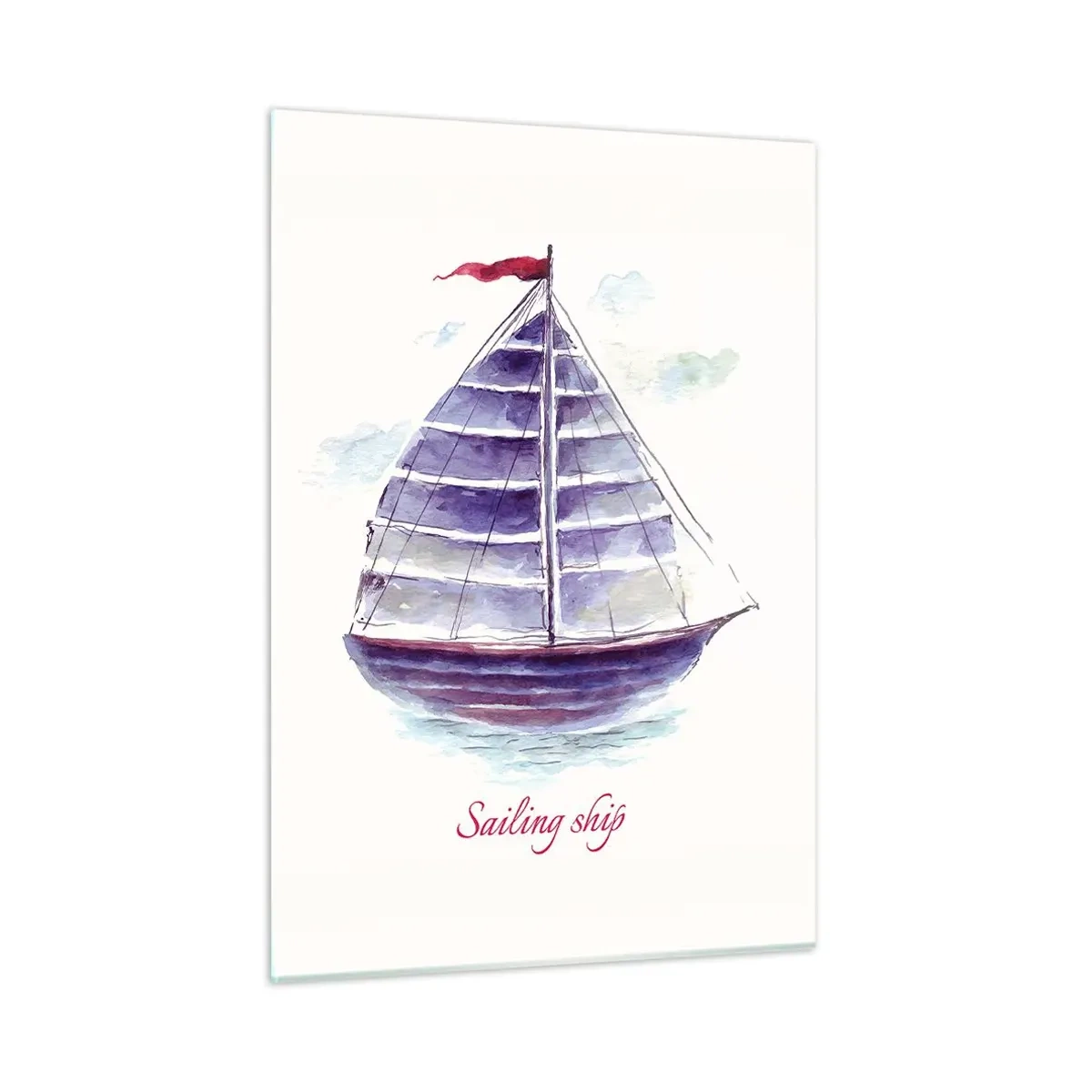 Cuadro sobre vidrio - Impresiones sobre Vidrio - Barco de vela de acuarela con la inscripción Velero - 50x70cm - Velas izadas y aguas tranquilas - Decoración de pared moderna para salón y dormitorio ARTTOR