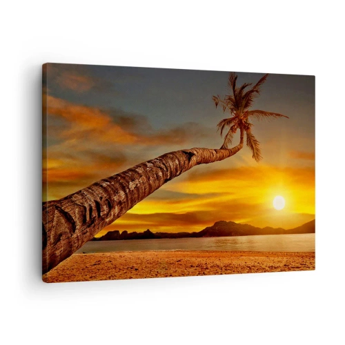 Cuadro sobre lienzo - Impresión de Imagen - Palmera en la playa al atardecer con vistas al mar - 70x50cm - Vacaciones exóticas, aventura en el Caribe - Decoración de pared moderna para salón y dormitorio ARTTOR