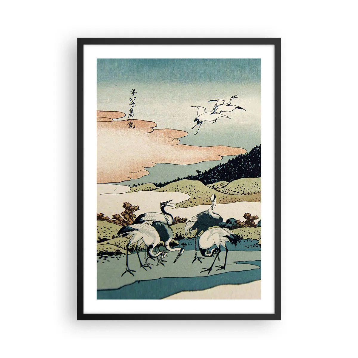 Póster en marco negro - Obra de arte tradicional japonesa que presenta grullas en un paisaje natural. - 50x70cm - Alma japonesa - Decoración de pared moderna para salón y dormitorio ARTTOR