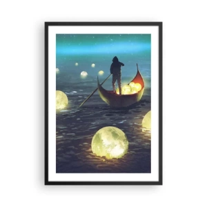 Póster en marco negro - Una figura en un barco rodeada de bolas luminosas en el agua. - 50x70cm - Cosas que los filósofos nunca soñaron - Decoración de pared moderna para salón y dormitorio ARTTOR