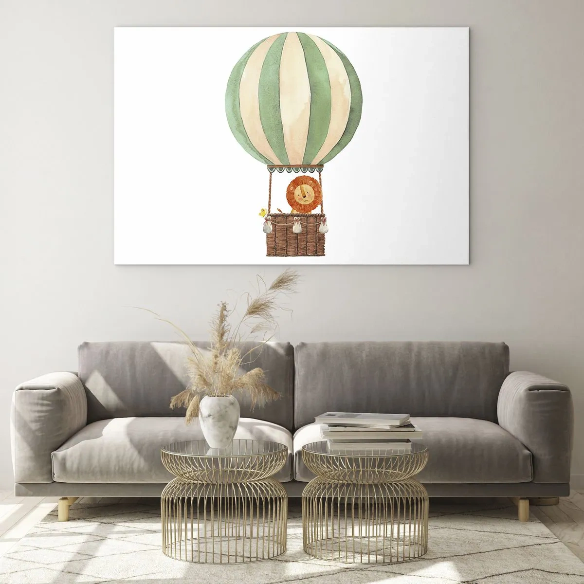 Cuadro sobre vidrio - Impresiones sobre Vidrio - Un león en una canasta de globos flotando sobre un fondo blanco. - 70x50cm - Los viajes del león - Decoración de pared moderna para salón y dormitorio ARTTOR