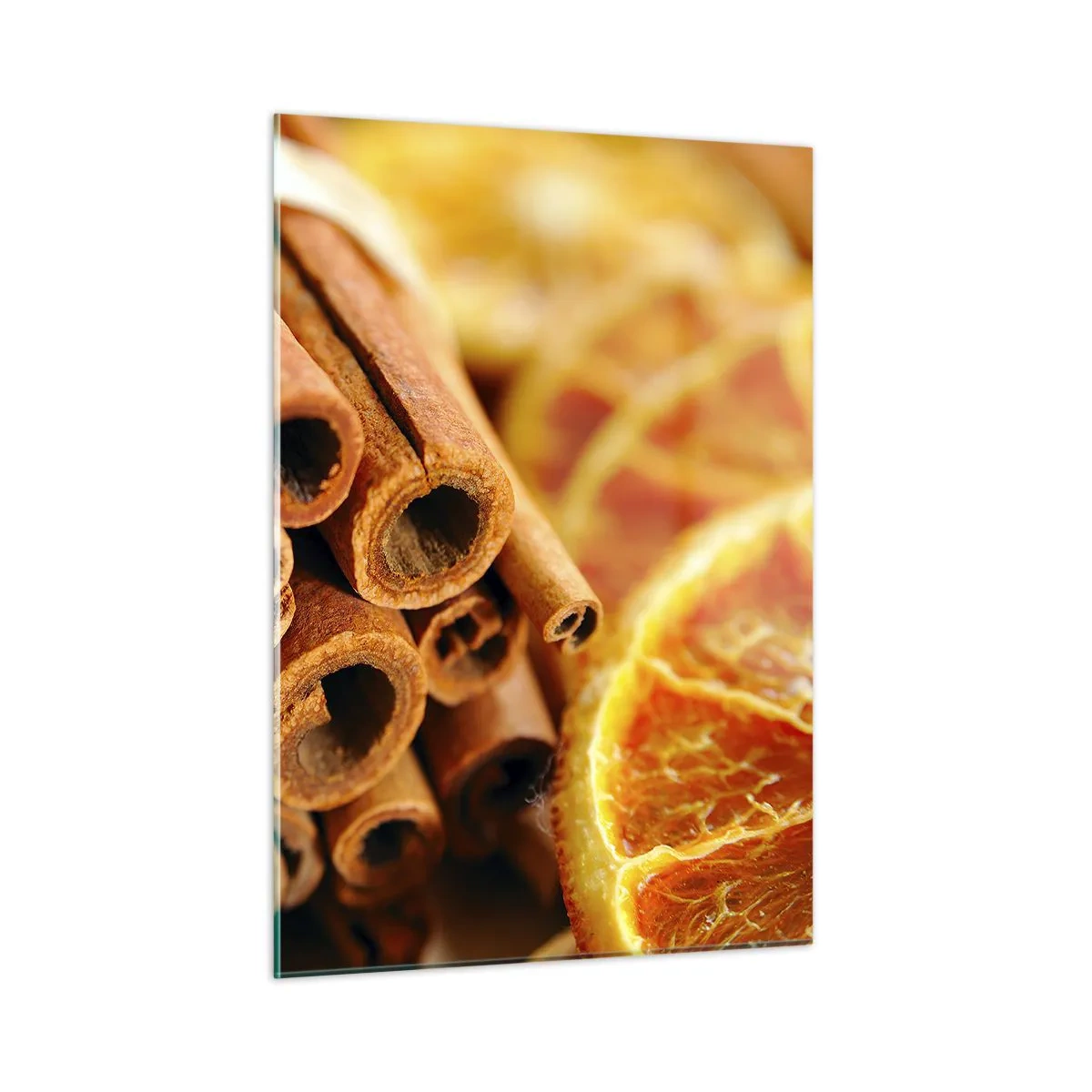 Cuadro sobre vidrio - Impresiones sobre Vidrio - Primer plano de ramas de canela y rodajas de naranja secas - 50x70cm - ¿Puedes oler su aroma? - Decoración de pared moderna para salón y dormitorio ARTTOR