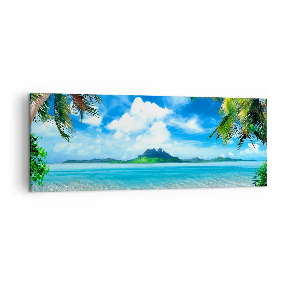 Cuadro sobre lienzo - Impresión de Imagen - Playa tropical con palmeras y vista a la isla. - 140x50cm - El azul de los trópicos - Decoración de pared moderna para salón y dormitorio ARTTOR