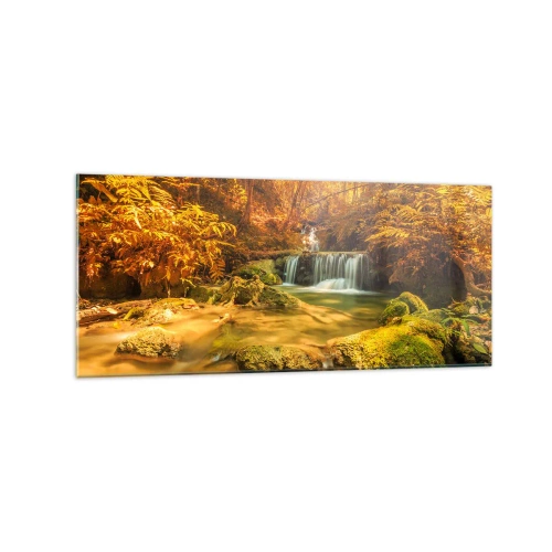 Cuadro sobre vidrio - Impresiones sobre Vidrio - Una cascada dorada en un bosque otoñal rodeado de vegetación. - 120x50cm - Cascada forestal en oro - Decoración de pared moderna para salón y dormitorio ARTTOR
