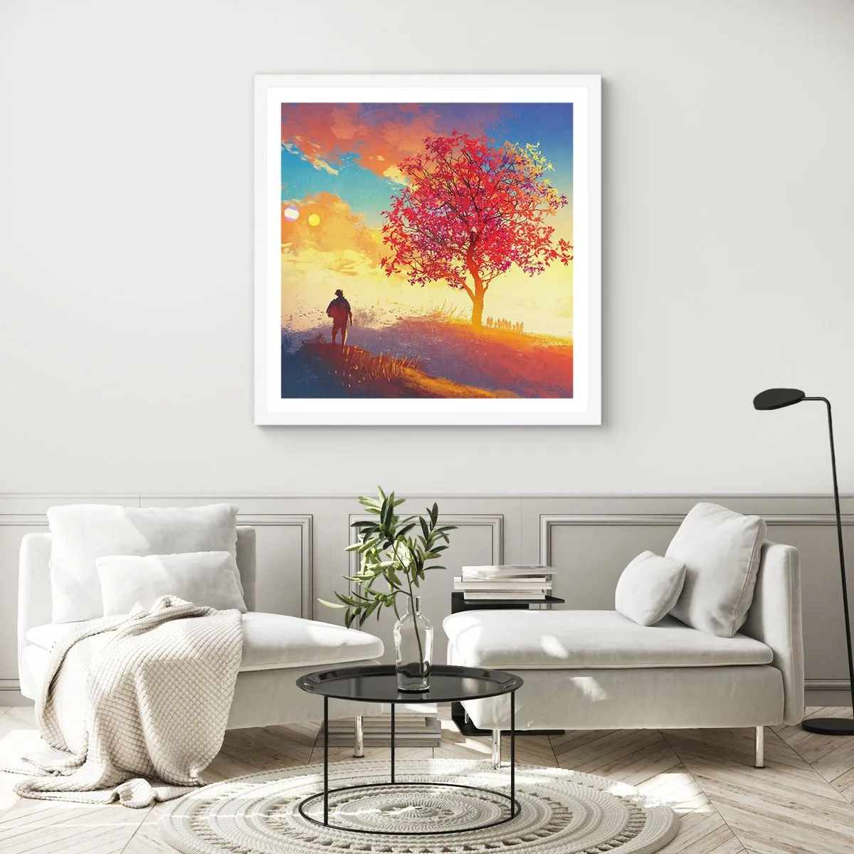 Póster en marco blanco - Un peregrino en su destino - 50x50 cm