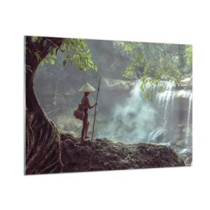 Cuadro sobre vidrio - Impresiones sobre Vidrio - Un niño con una lanza en una cascada en la selva tropical. - 100x70cm - Amistad con la naturaleza - Decoración de pared moderna para salón y dormitorio ARTTOR