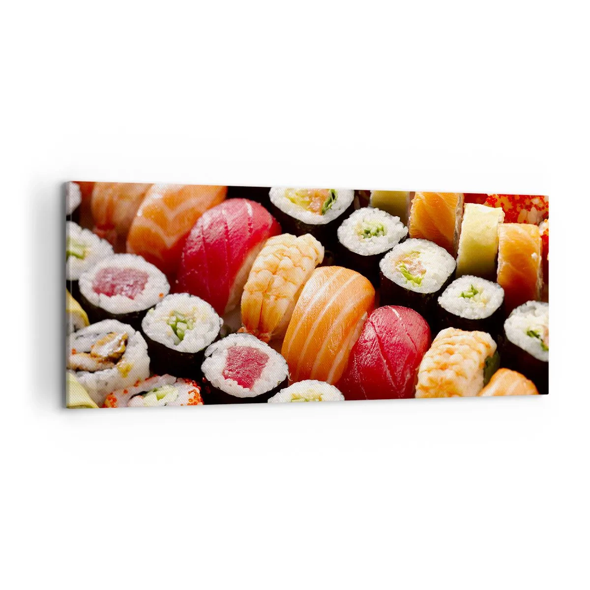 Cuadro sobre lienzo - Impresión de Imagen - Sushi colorido dispuesto en filas con diversos ingredientes. - 120x50cm - Colores y sabores de Asia - Decoración de pared moderna para salón y dormitorio ARTTOR