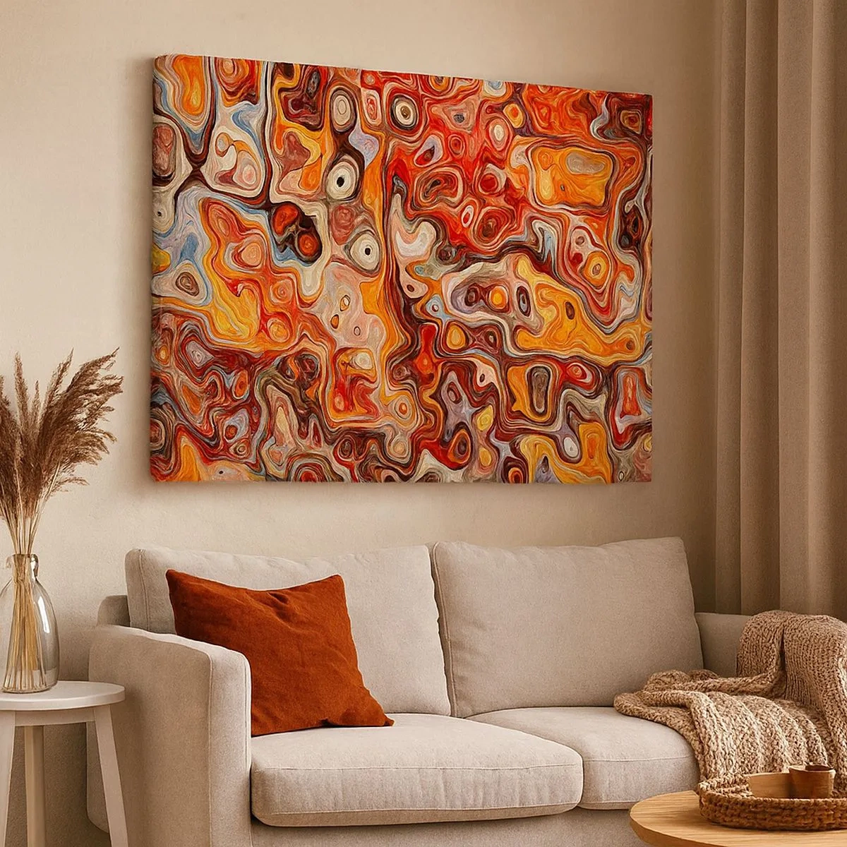 Cuadro sobre lienzo - Impresión de Imagen - Una composición abstracta en tonos cálidos de rojo, naranja y amarillo. - 70x50cm - Si las nueces se derritieran en la miel - Decoración de pared moderna para salón y dormitorio ARTTOR