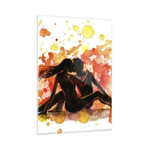 Cuadro sobre vidrio - Impresiones sobre Vidrio - Silueta de una pareja sobre un fondo de manchas de acuarela de colores. - 50x70cm - Momento romántico - Decoración de pared moderna para salón y dormitorio ARTTOR