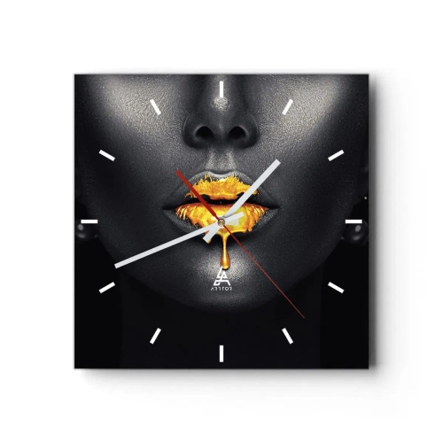 Reloj de pared - Reloj de vidrio - Retrato en negro y dorado de una mujer con una gota de oro en los labios. - 30x30cm - Labios de oro - Decoración de pared moderna para salón y dormitorio ARTTOR