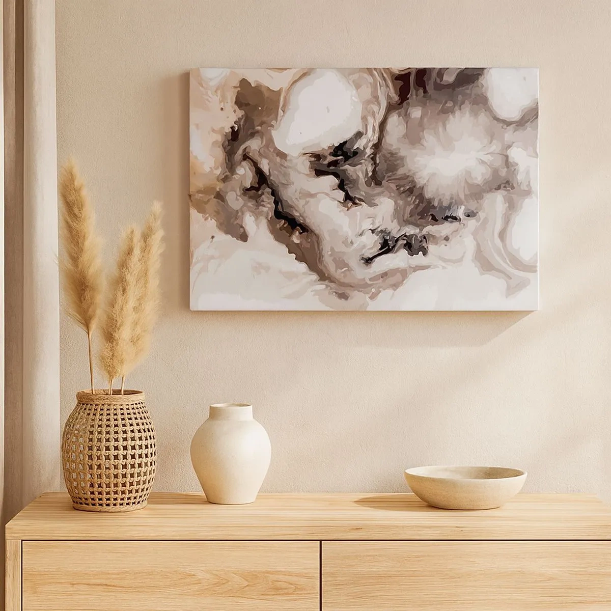 Cuadro sobre lienzo - Impresión de Imagen - Patrón abstracto en tonos marrones y blancos. - 70x50cm - El nacimiento de una galaxia - Decoración de pared moderna para salón y dormitorio ARTTOR