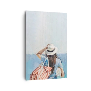 Cuadro sobre lienzo - Impresión de Imagen - Una mujer con sombrero frente al mar azul. - 80x120cm - Bienvenida a tus vacaciones - Decoración de pared moderna para salón y dormitorio ARTTOR