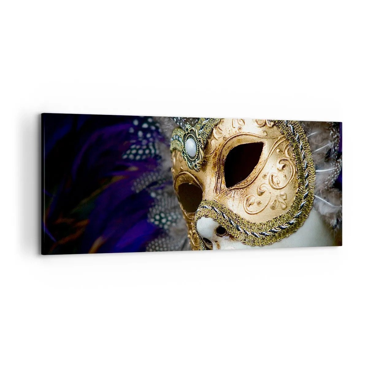 Cuadro sobre lienzo - Impresión de Imagen - Máscara veneciana dorada con plumas decorativas y adornos. - 120x50cm - Retrato veneciano en oro - Decoración de pared moderna para salón y dormitorio ARTTOR