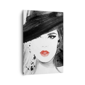 Cuadro sobre lienzo - Impresión de Imagen - Retrato de una mujer con sombrero y labios rojos. - 70x100cm - Dama de negro - Decoración de pared moderna para salón y dormitorio ARTTOR