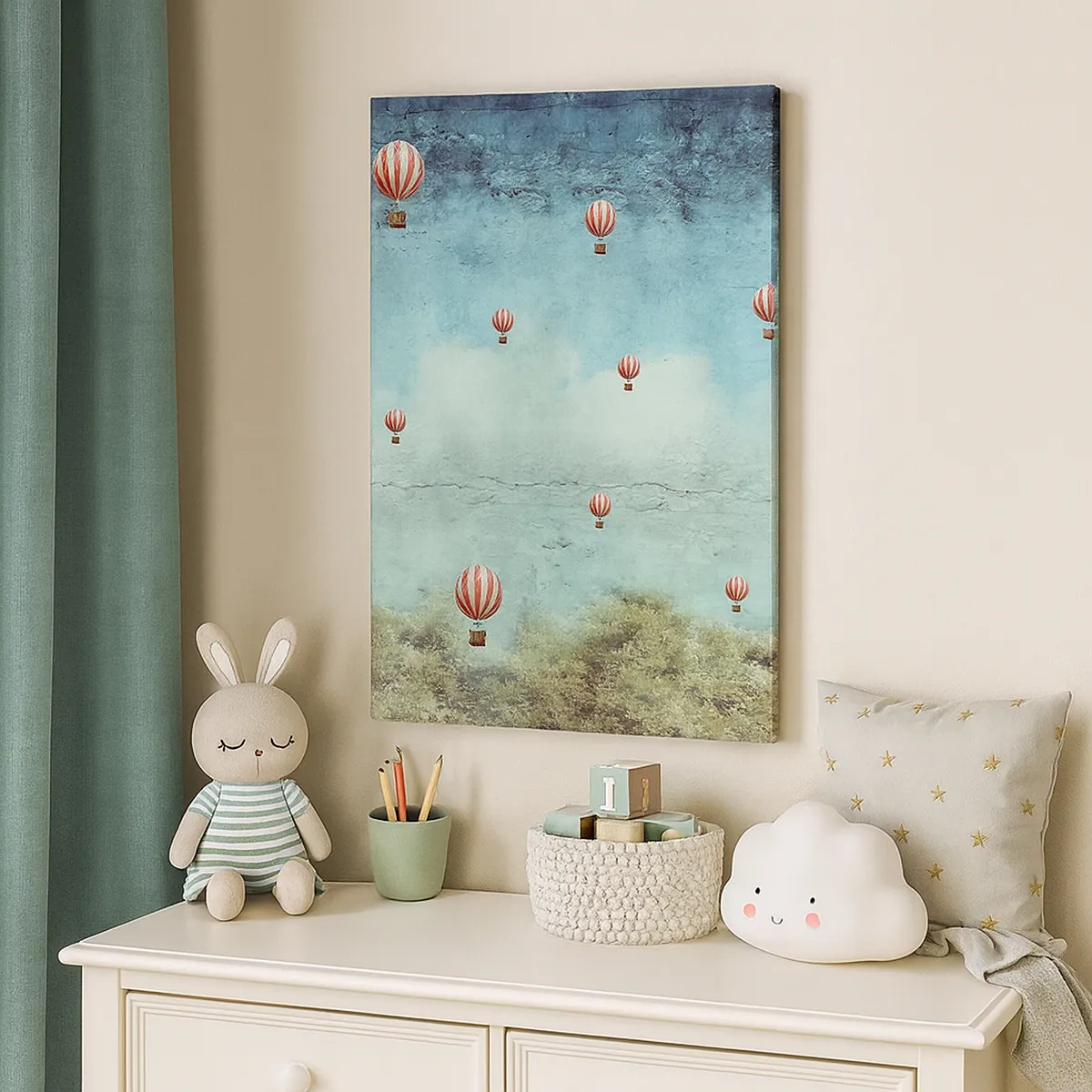 Cuadro sobre lienzo - Impresión de Imagen - Globos retro contra un cielo azul y un fondo verde. - 50x70cm - Libre del ajetreo de la vida - Decoración de pared moderna para salón y dormitorio ARTTOR