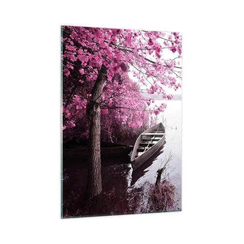 Cuadro sobre vidrio - Impresiones sobre Vidrio - Un barco en la orilla con un árbol rosa sobre el agua. - 50x70cm - En el silencio rosa - Decoración de pared moderna para salón y dormitorio ARTTOR