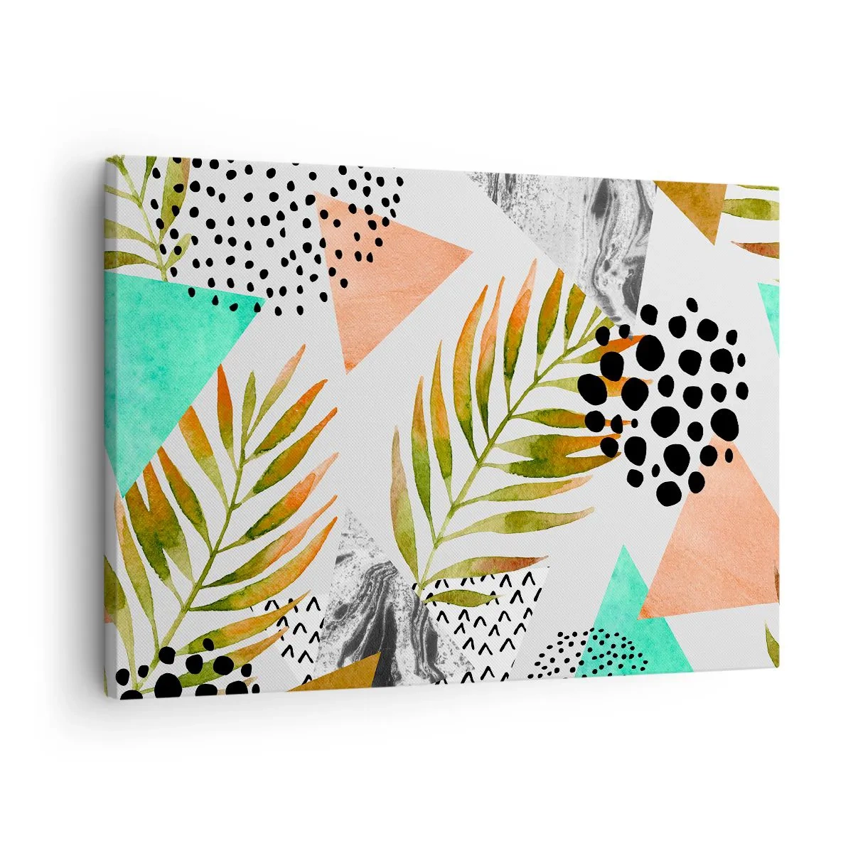 Cuadro sobre lienzo - Impresión de Imagen - Patrón tropical con hojas y formas geométricas. - 70x50cm - Decoración con hojas de palmera - Decoración de pared moderna para salón y dormitorio ARTTOR