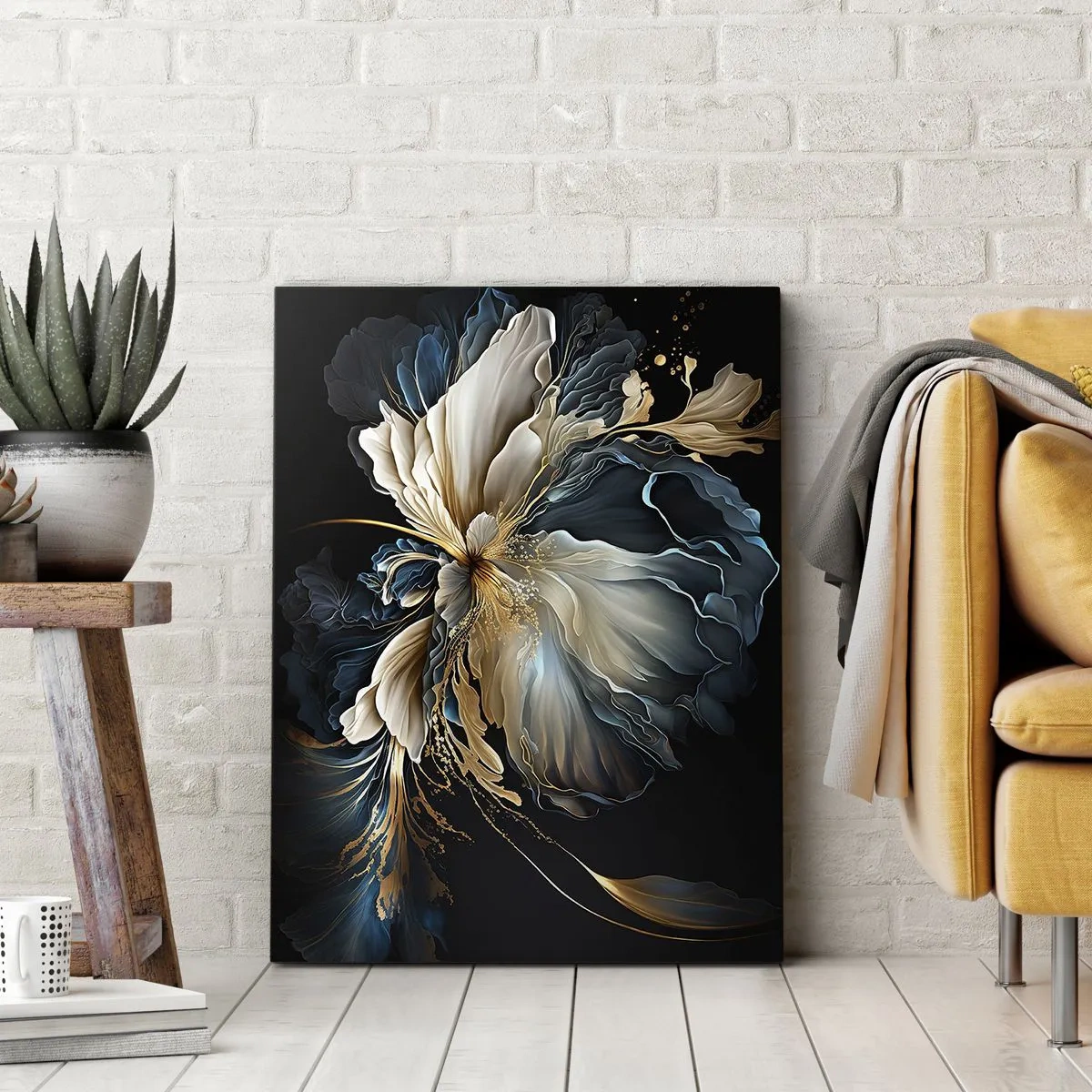 Cuadro sobre lienzo - Impresión de Imagen - Una flor en tonos dorados y azul marino sobre un fondo negro. - 80x120cm - Flor de helecho de cuento - Decoración de pared moderna para salón y dormitorio ARTTOR