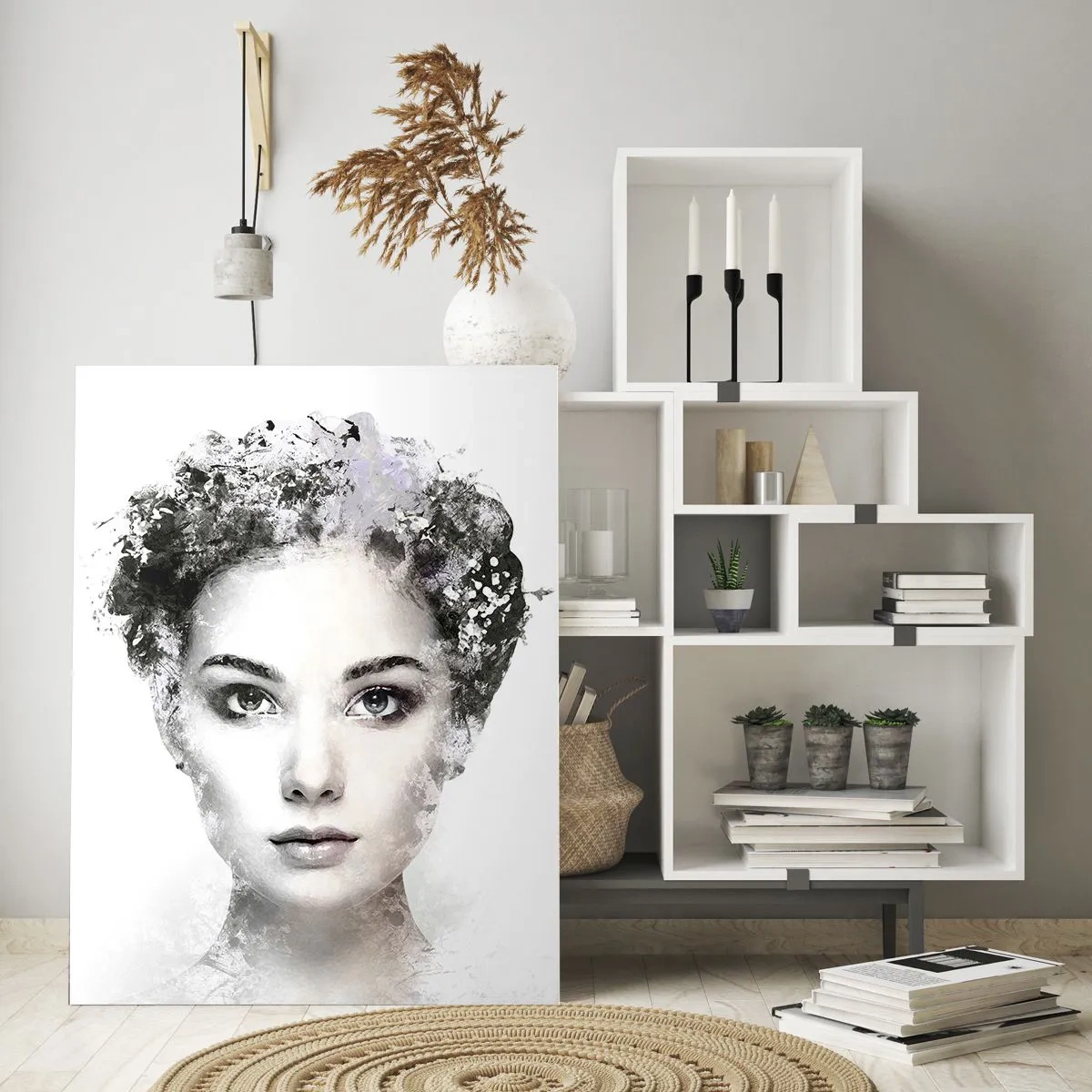 Cuadro sobre vidrio - Impresiones sobre Vidrio - Rostro de mujer en estilo acuarela sobre fondo blanco. - 50x70cm - Un retrato extremadamente elegante - Decoración de pared moderna para salón y dormitorio ARTTOR