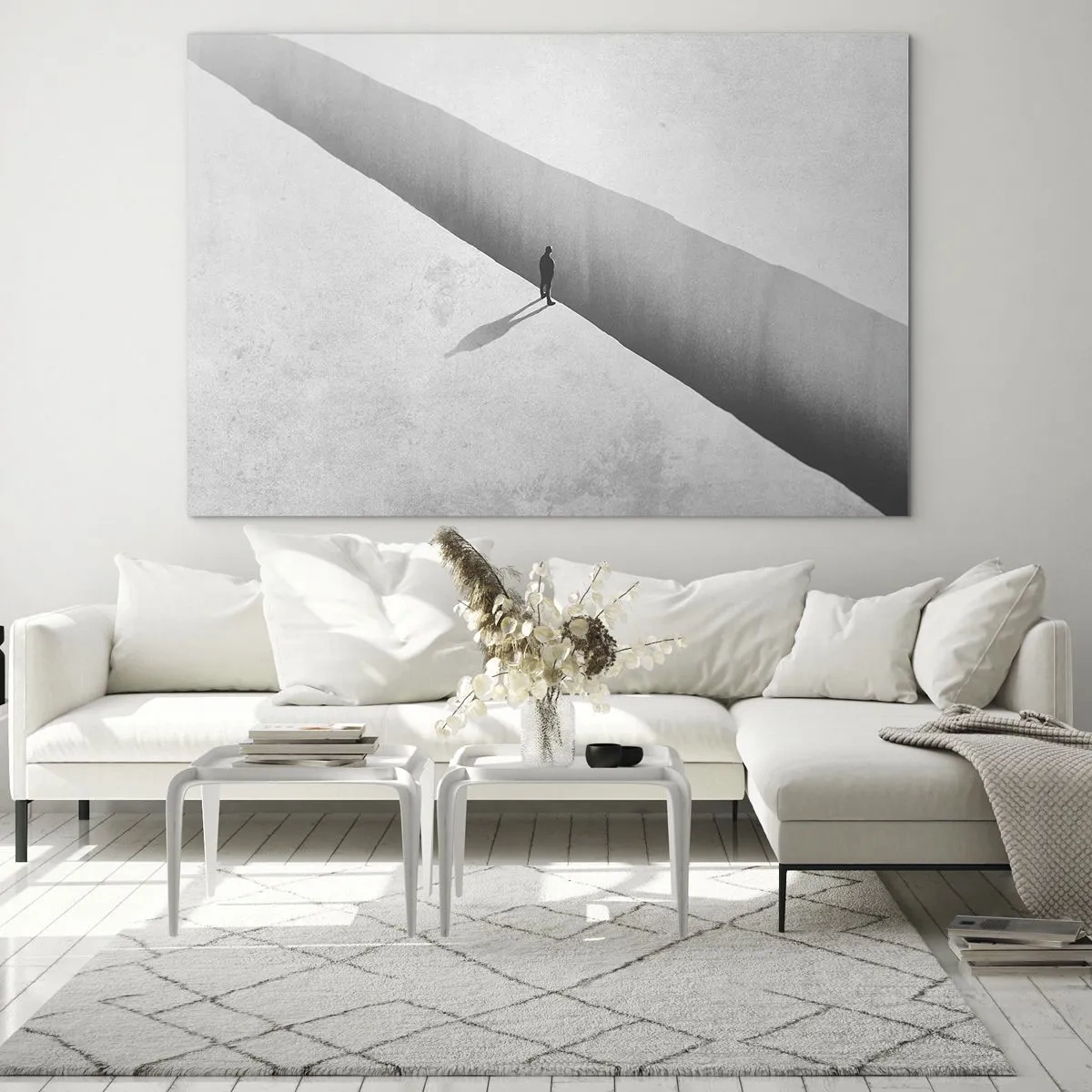 Cuadro sobre vidrio - Impresiones sobre Vidrio - Una silueta minimalista sobre un precipicio en un espacio luminoso. - 70x50cm - Sin un destino claro - Decoración de pared moderna para salón y dormitorio ARTTOR