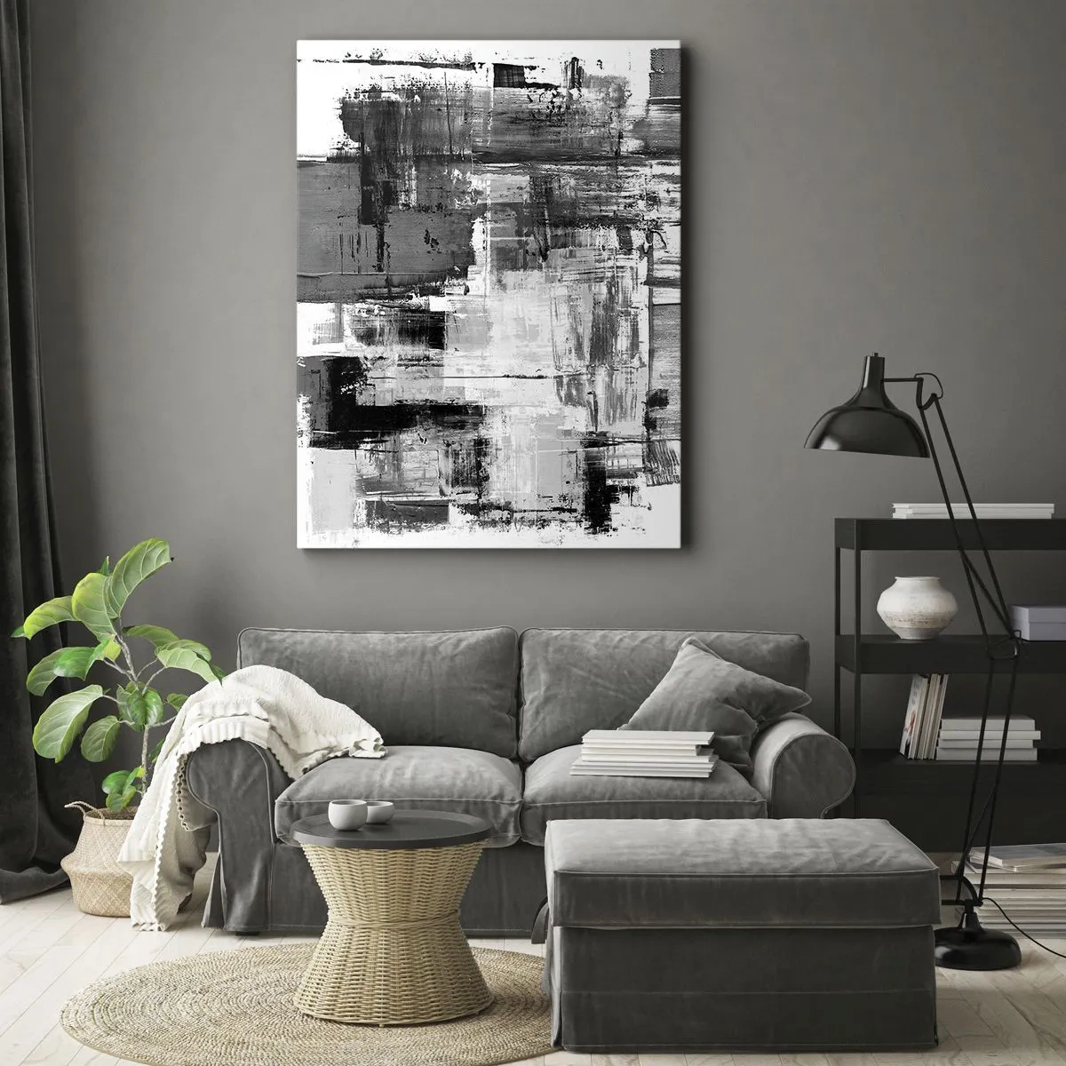 Cuadro sobre lienzo - Impresión de Imagen - Composición abstracta en blanco, negro y gris. - 80x120cm - El gris es hermoso - Decoración de pared moderna para salón y dormitorio ARTTOR