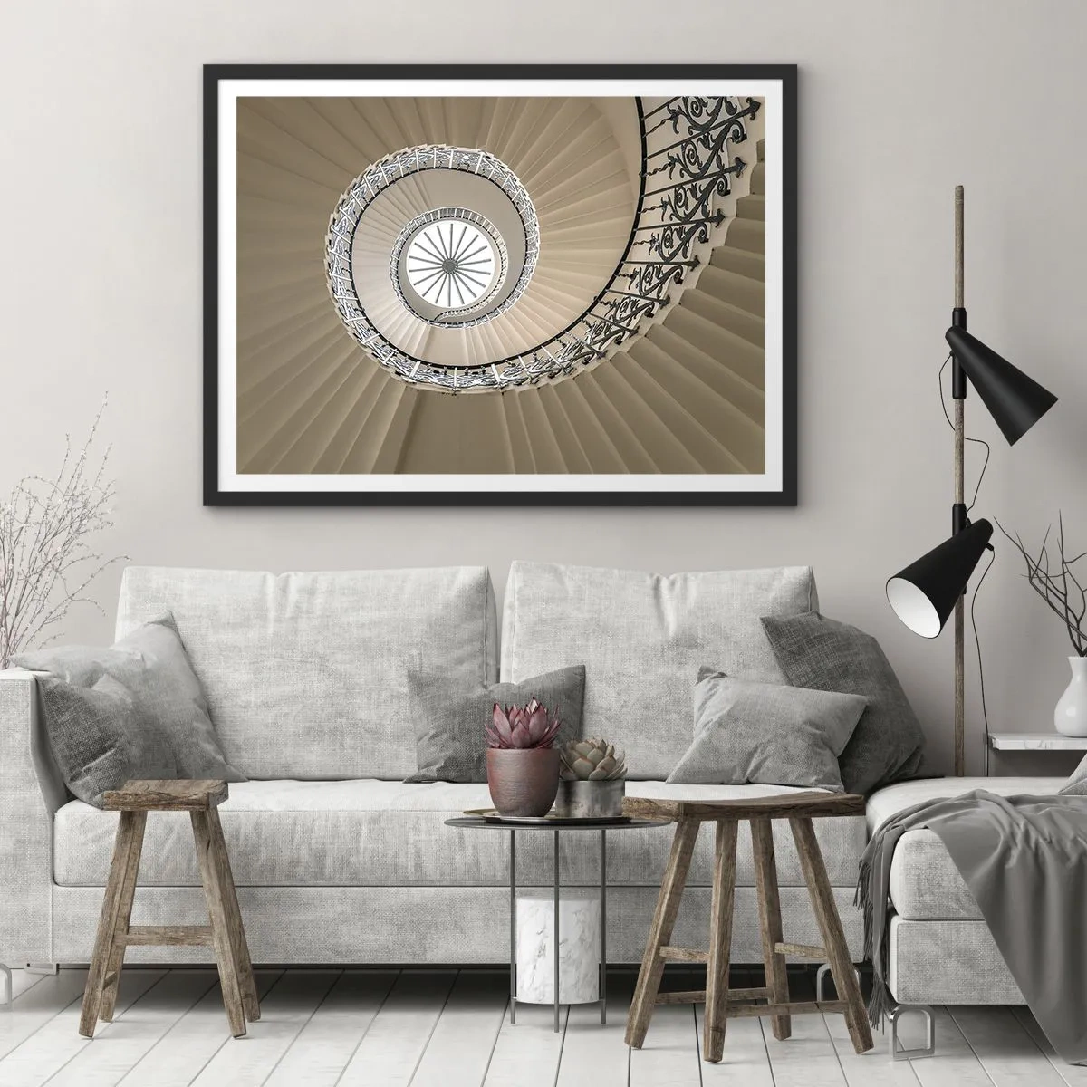 Póster en marco negro - Escalera de caracol con un elegante enfoque geométrico. - 70x50cm - En el interior de una concha - Decoración de pared moderna para salón y dormitorio ARTTOR