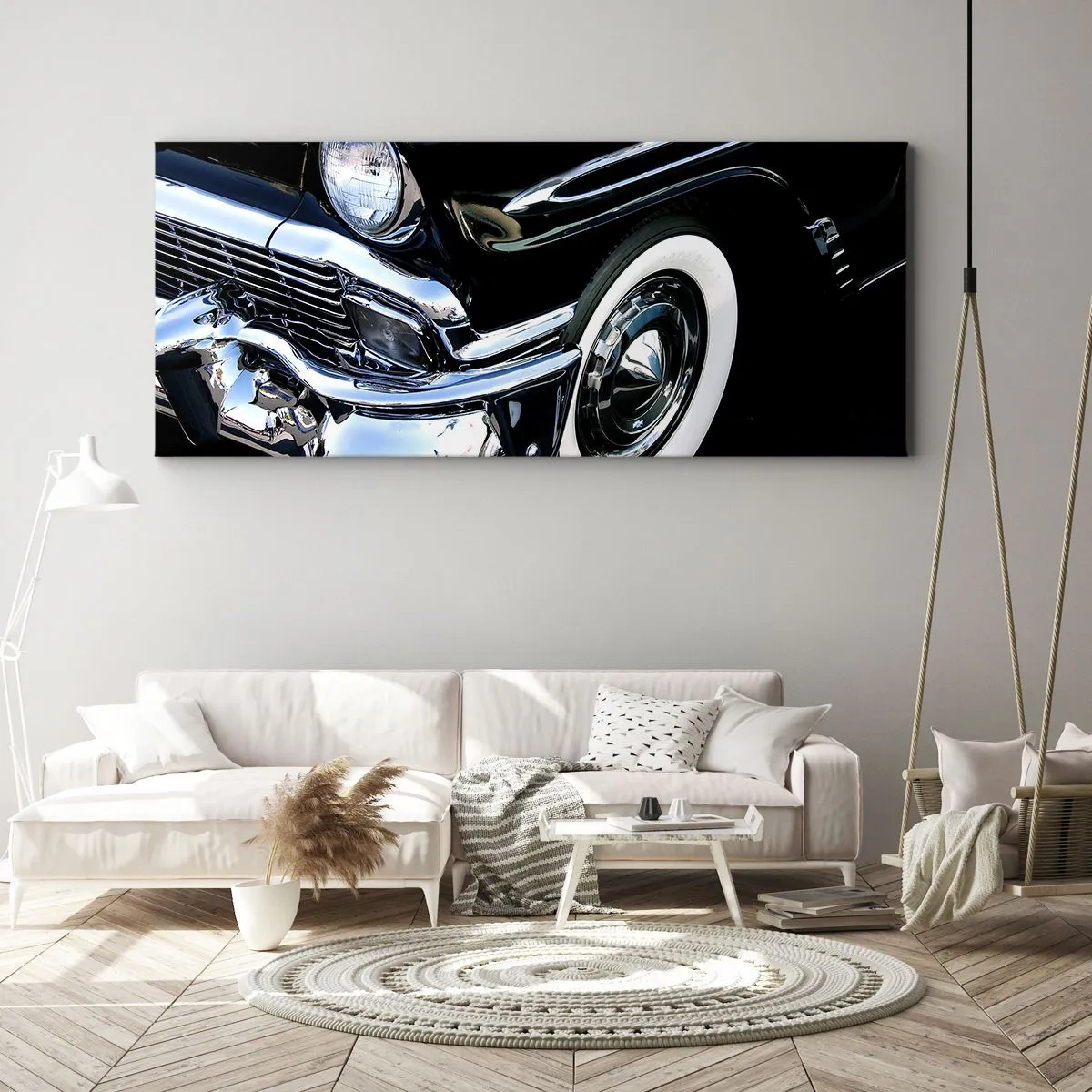 Cuadro sobre lienzo - Impresión de Imagen - Primer plano del faro y el guardabarros de un coche clásico negro - 160x50cm - Clásicos en plata, negro y blanco - Decoración de pared moderna para salón y dormitorio ARTTOR