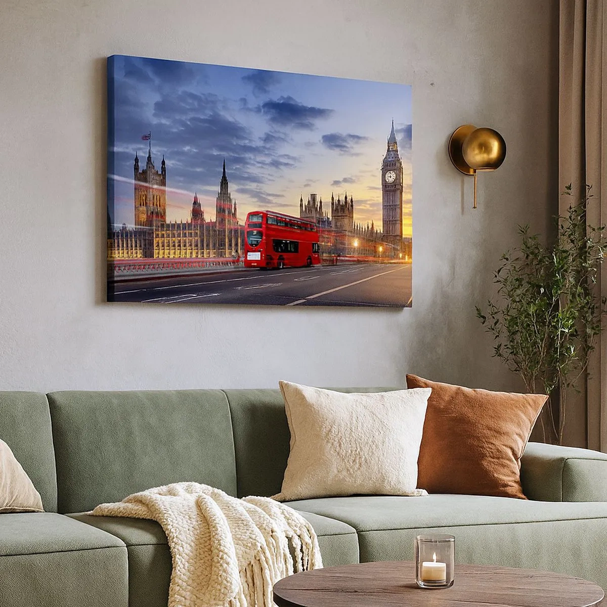 Cuadro sobre lienzo - Impresión de Imagen - Un autobús rojo con el Big Ben y las Casas del Parlamento al fondo al anochecer. - 70x50cm - Lo más característico - Decoración de pared moderna para salón y dormitorio ARTTOR