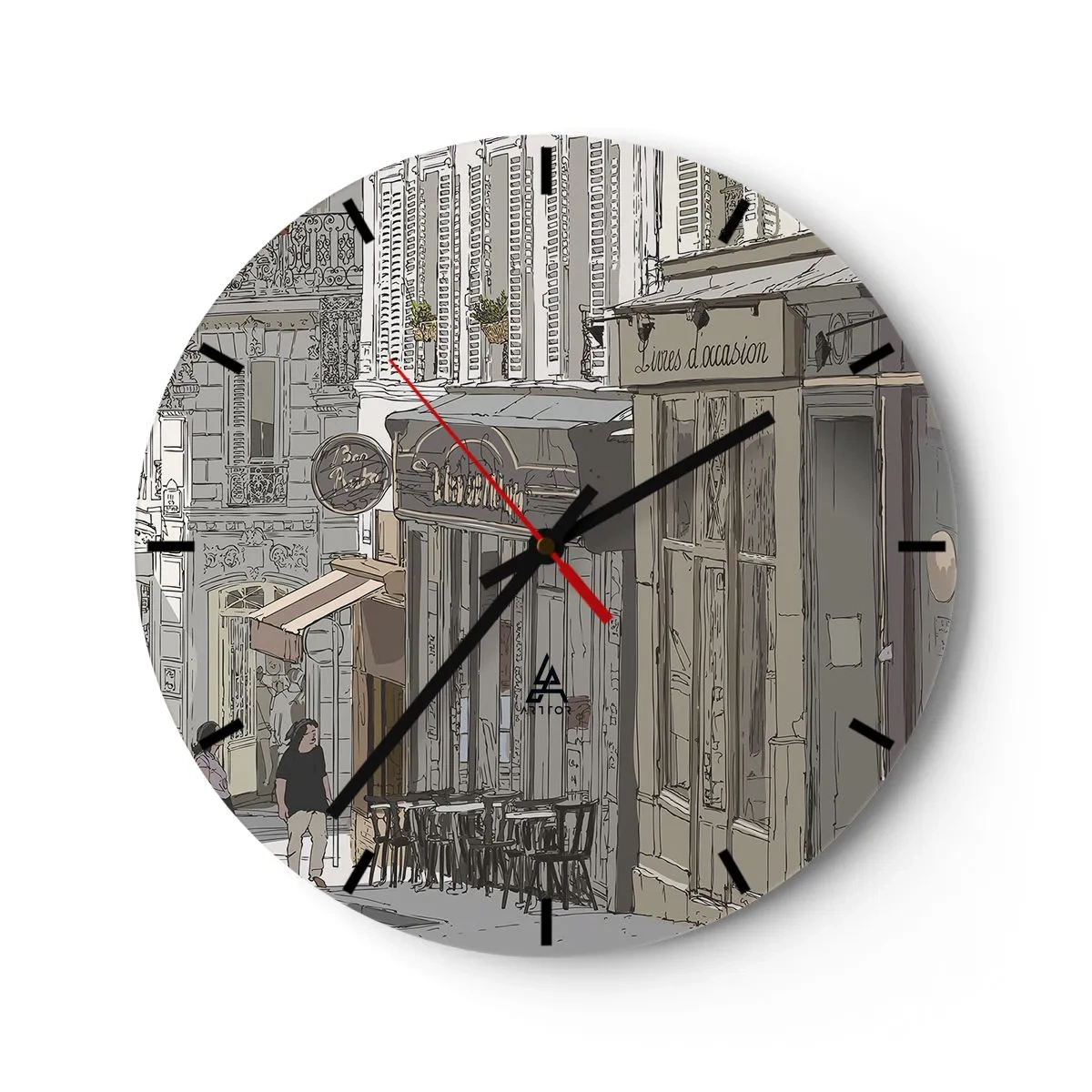 Reloj de pared - Reloj de vidrio - Una calle con una cafetería de estilo artístico. - 30x30cm - Alegrías urbanas - Decoración de pared moderna para salón, cocina y dormitorio ARTTOR